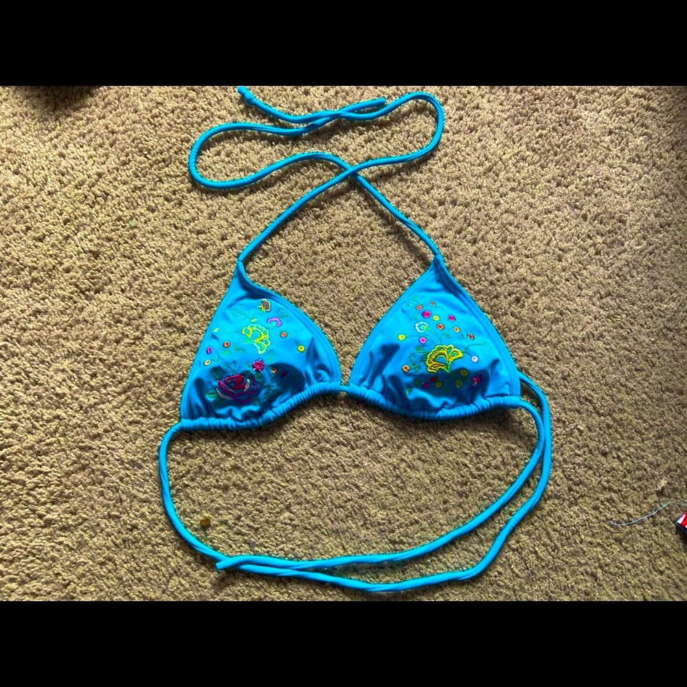 Blue embroidered string bikini top